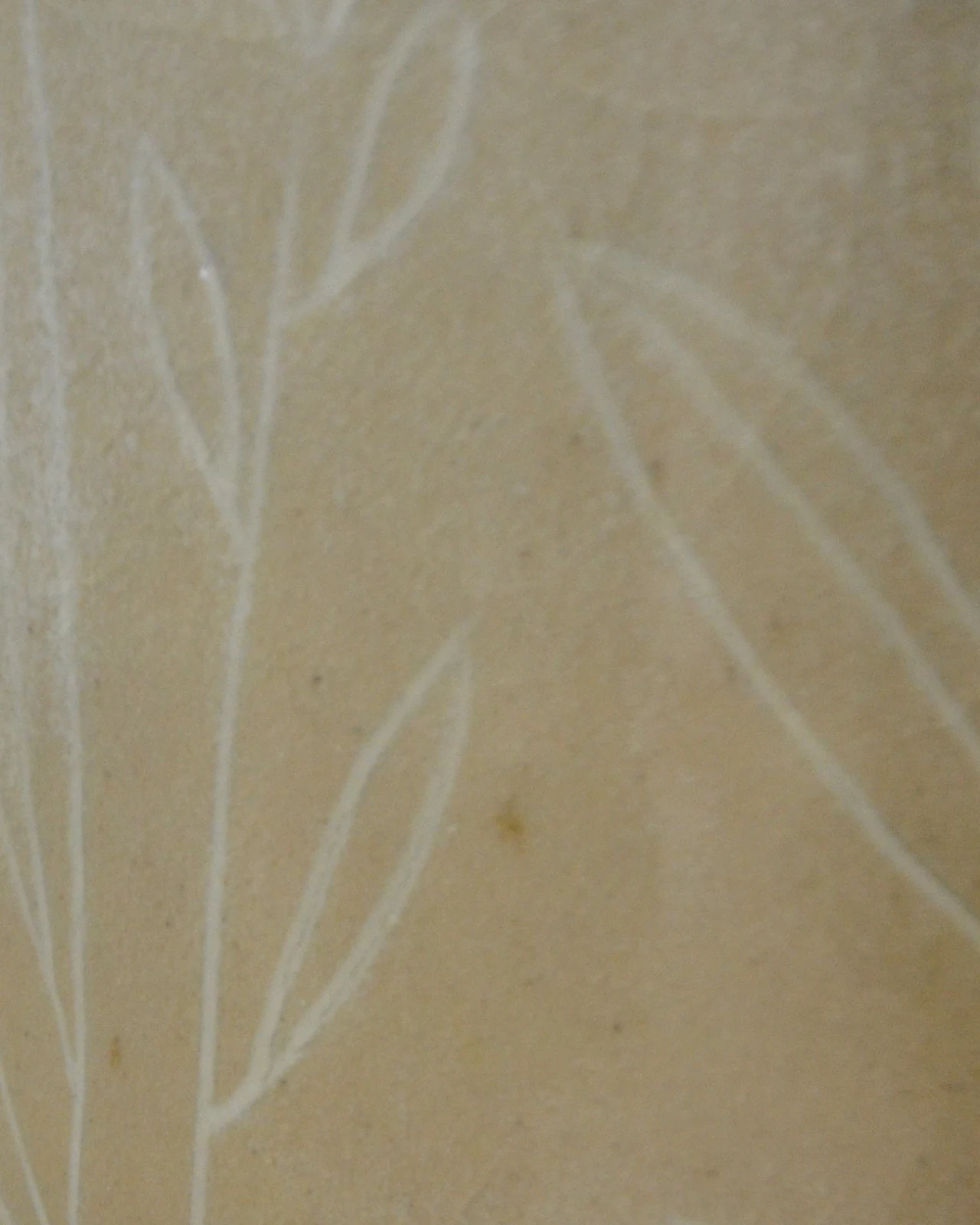 Feuillages gravés en blanc sur l'émail sable d'un vase.
