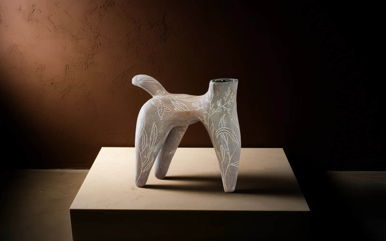 Sculpture à quatre pattes gravée de feuillages, posée sur un socle de calcaire clair, éclairée de la gauche