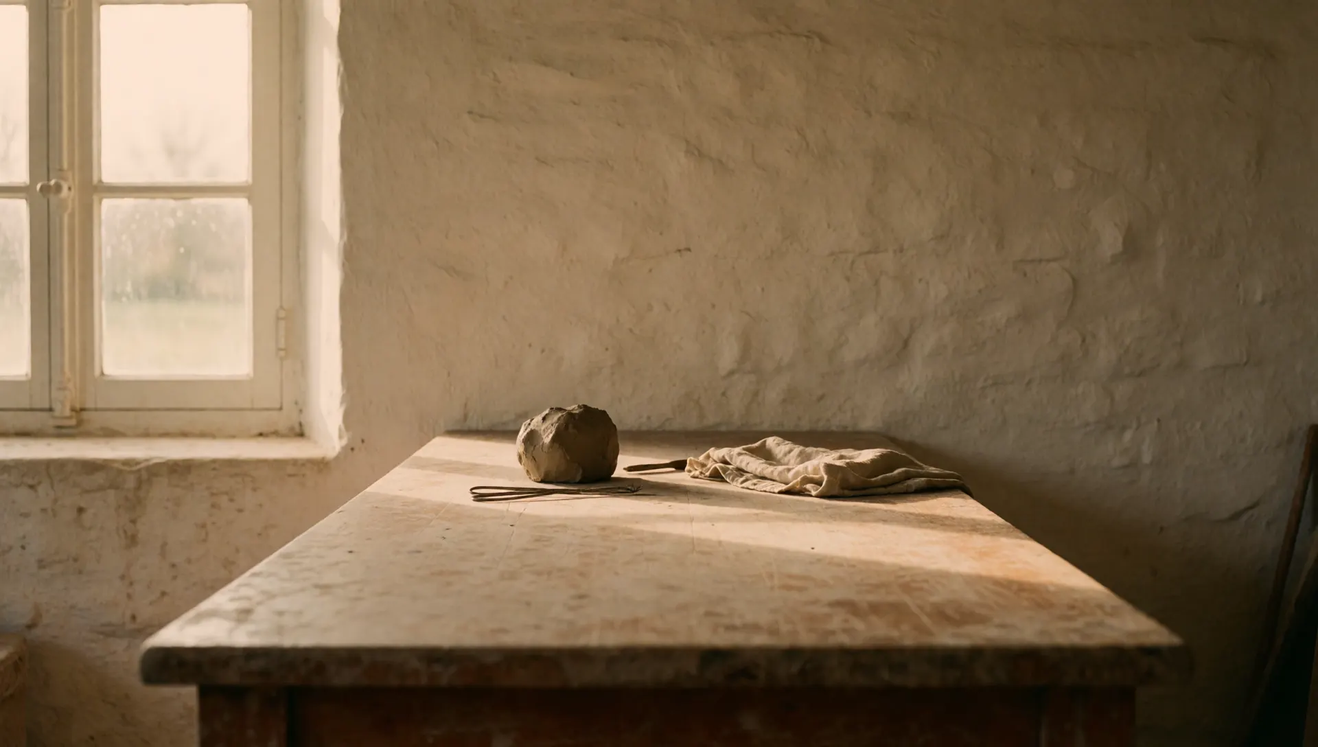 Une table d'atelier devant un mur blanchi à la chaux, une boule d'argile et un linge