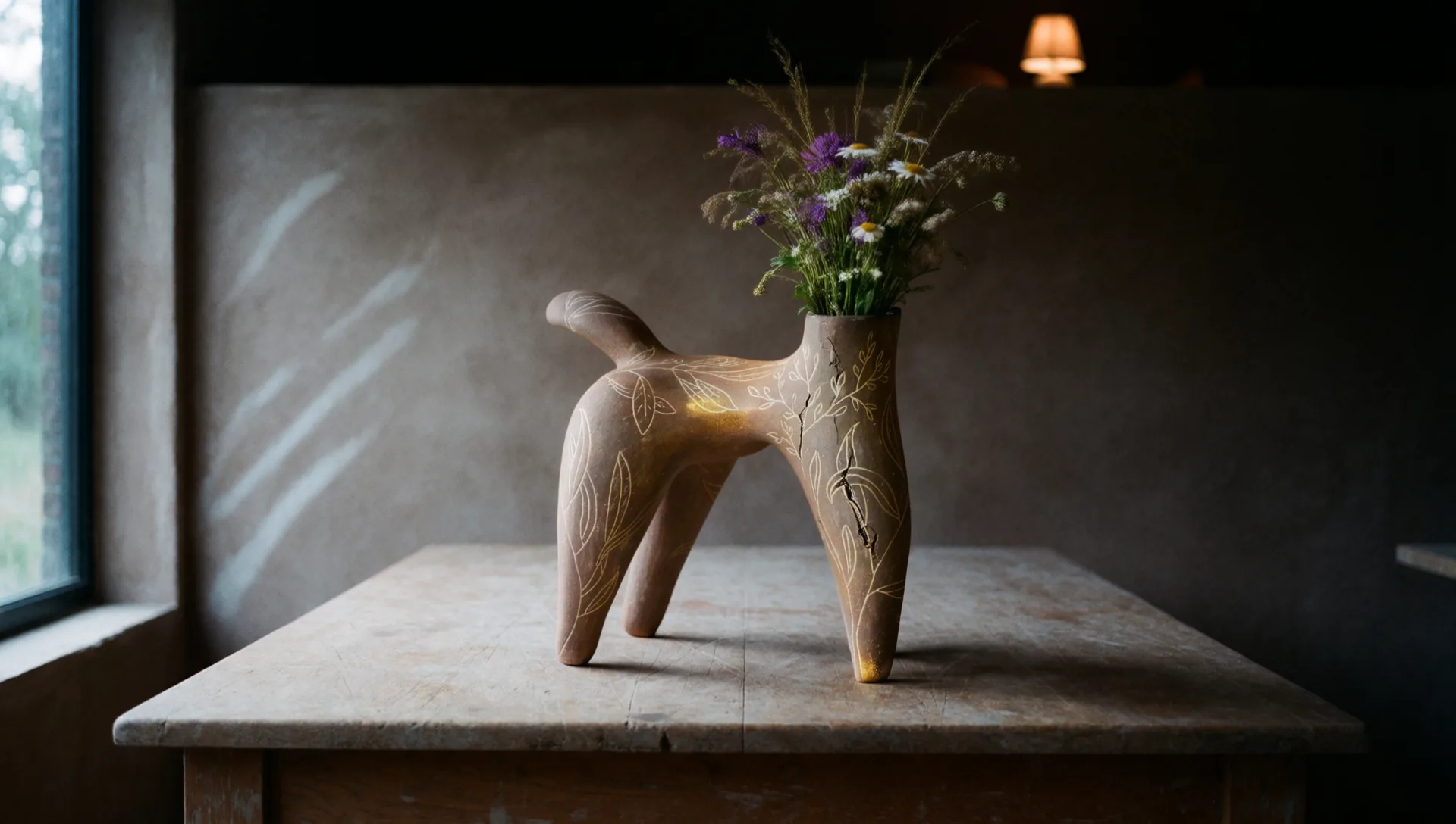 Sculpture à quatre pattes en terre chaude, gravée de feuillages blancs, un bouquet de fleurs des champs dans le col, posée sur une vieille table devant un mur de chaux, avec une fenêtre à gauche.