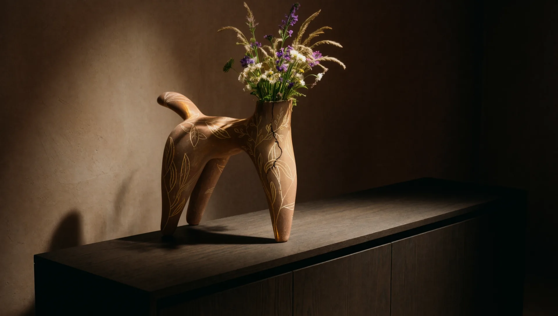 Sculpture à quatre pattes en terre chaude, gravée de feuillages, un bouquet de fleurs des champs dans le col, posée sur une console de bois sombre devant un mur brun éclairé par une lumière douce.