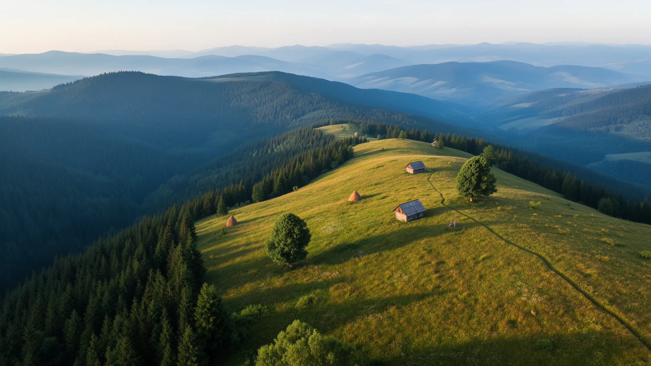 Les Carpates vues d'en haut, une crête d'herbe et des cabanes