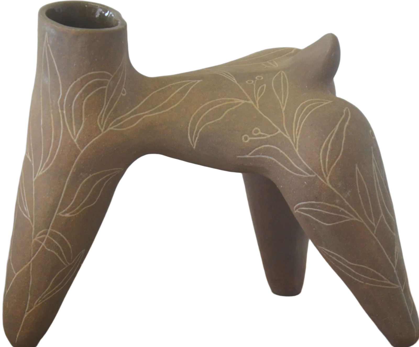 Vase à quatre pattes en terre brune, gravé de feuillages