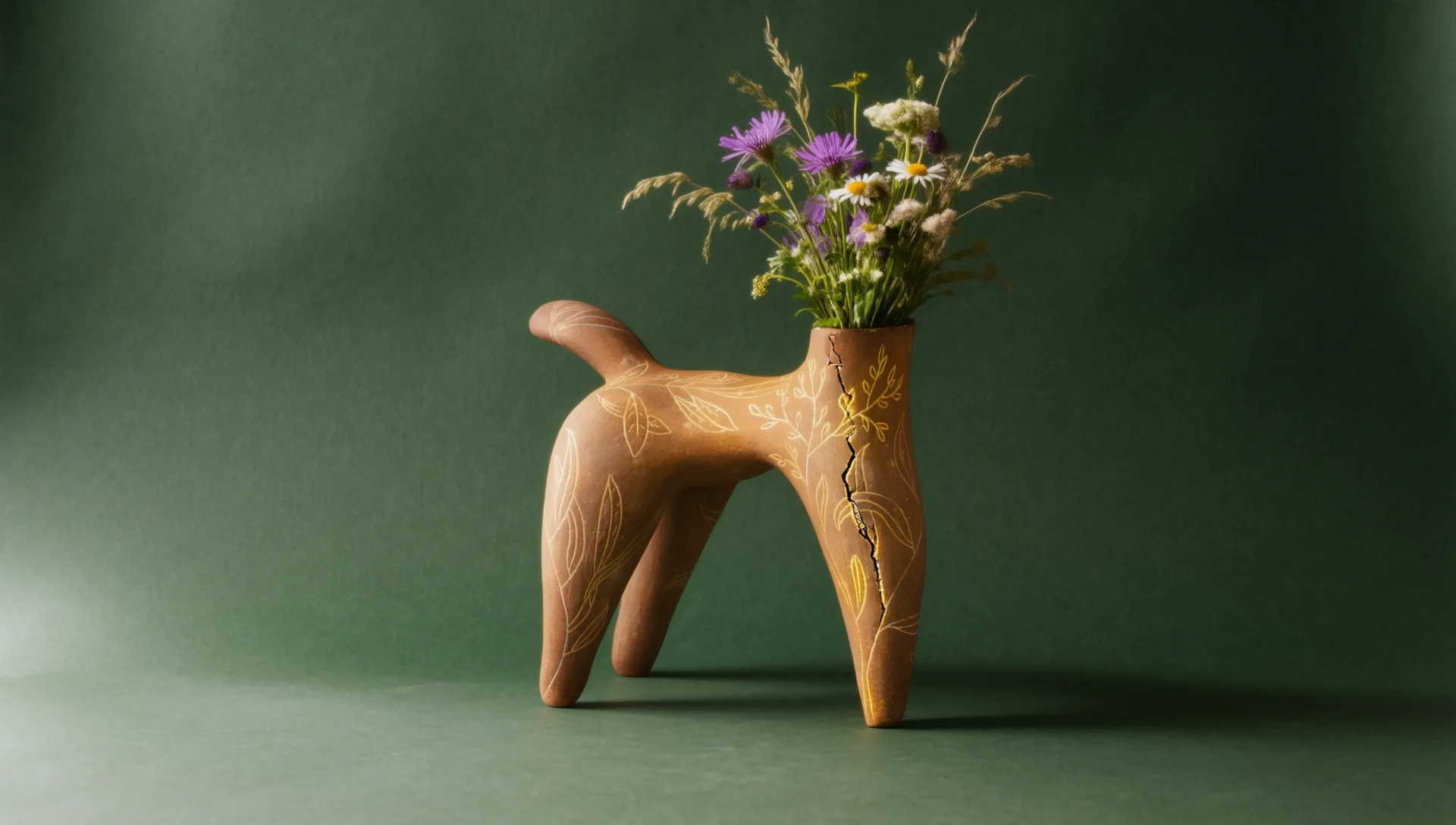 Sculpture à quatre pattes en terre chaude, gravée de feuillages, un bouquet de fleurs des champs dans le col, sur un fond uni vert mousse.