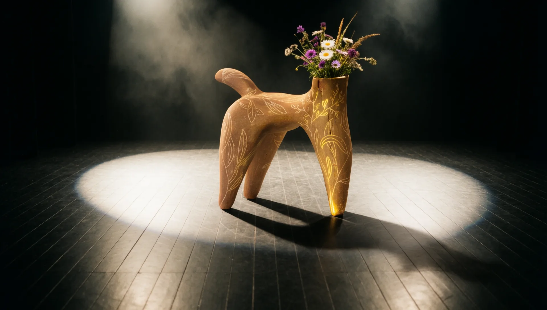 Sculpture à quatre pattes en terre chaude, gravée de feuillages, un bouquet de fleurs des champs dans le col, seule dans un cercle de lumière sur un plancher de scène noir.